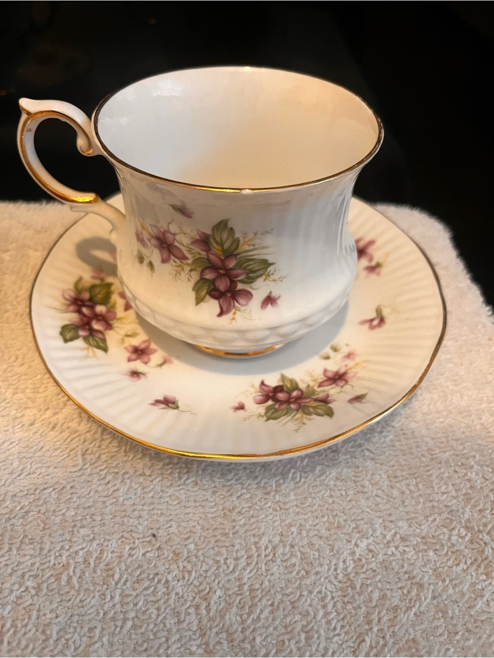 Elegant Floral Bone China Teacup with Gold Trim - Purple